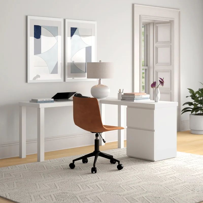 Executive White L-Shaped Desk with Filing Cabinet and Drawers