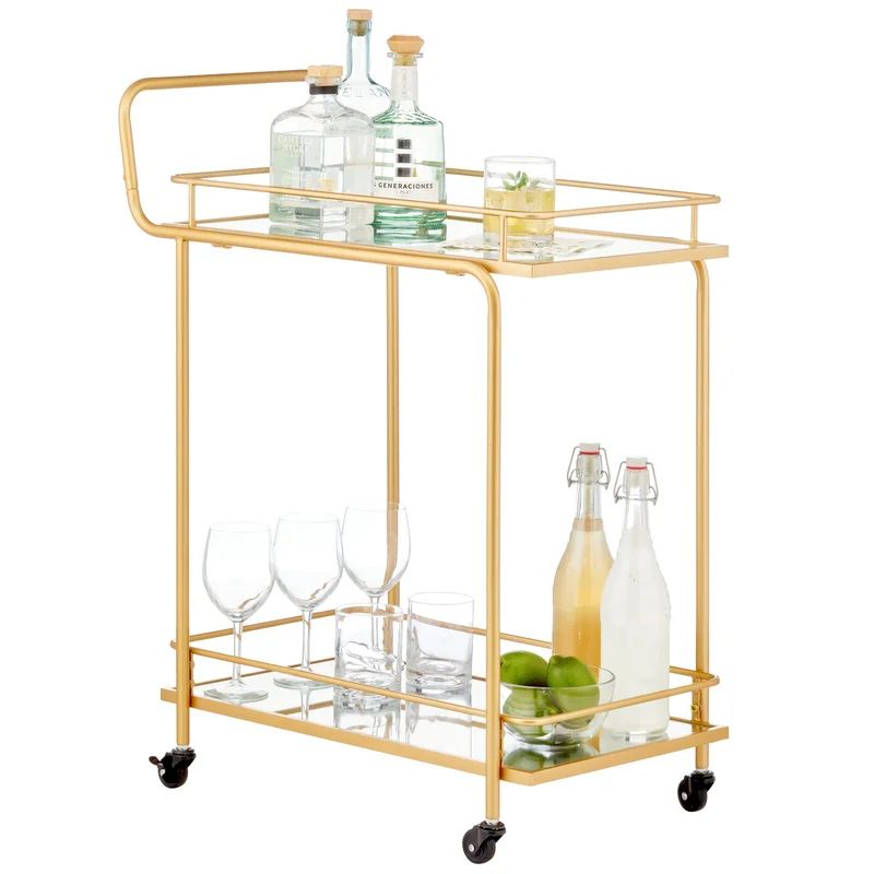 Elegant Soft Brass Rectangular Bar Cart with Glass Shelves and Wine Rack