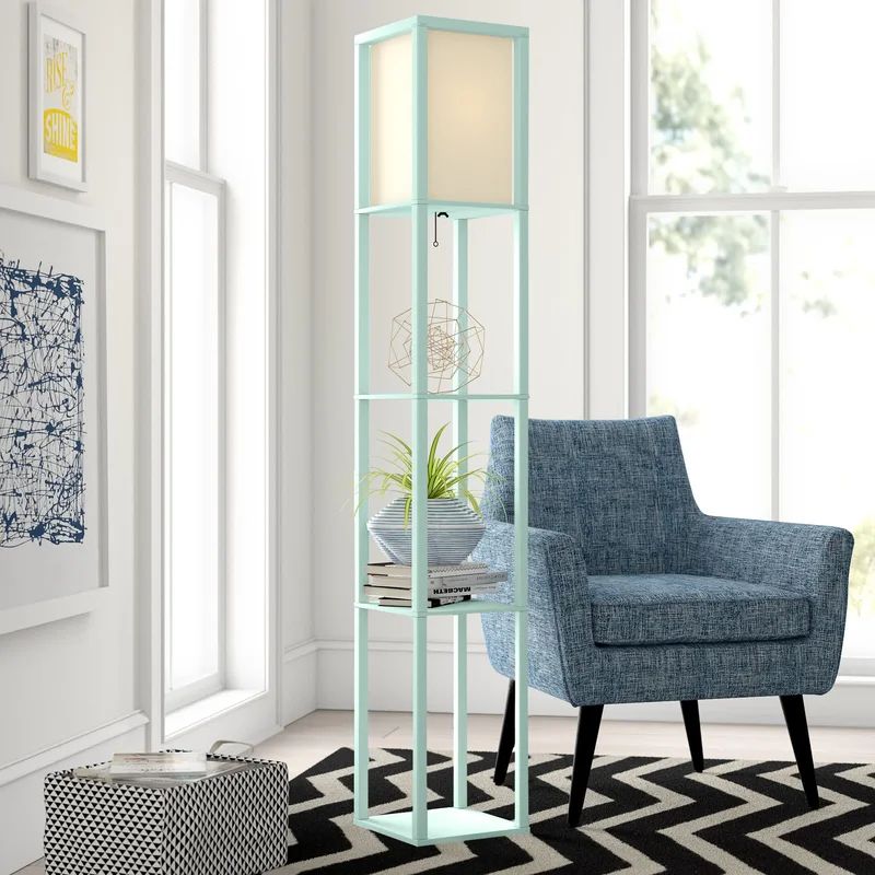 Aqua Transitional Floor Lamp with Linen Shade and Storage Shelf