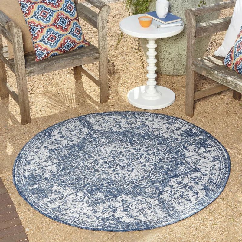 Blue Round Synthetic Medallion Outdoor Rug, 4'