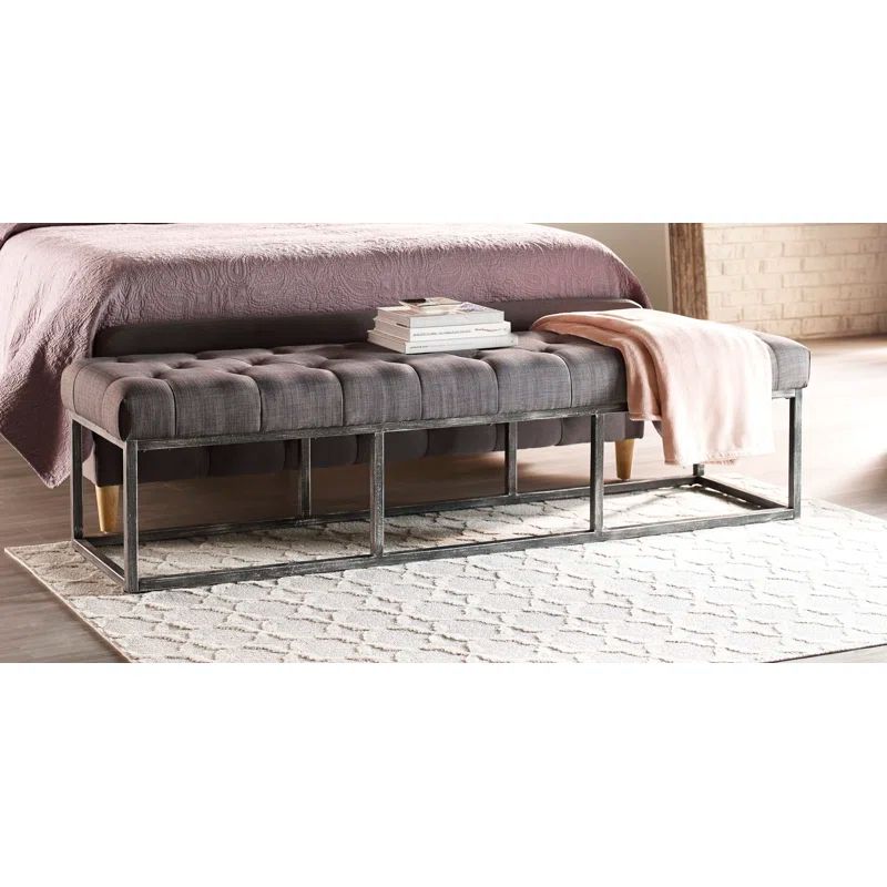 Midnight Charcoal Tufted Bench with Iron Legs, 72.5"