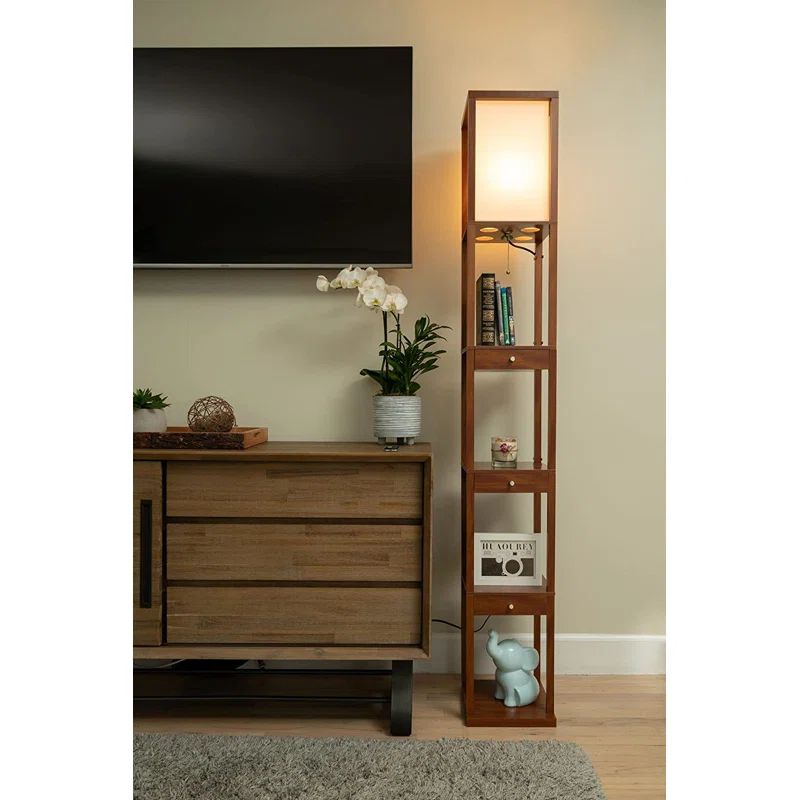 Rustic White LED Floor Lamp with Linen Shade and Storage Shelves