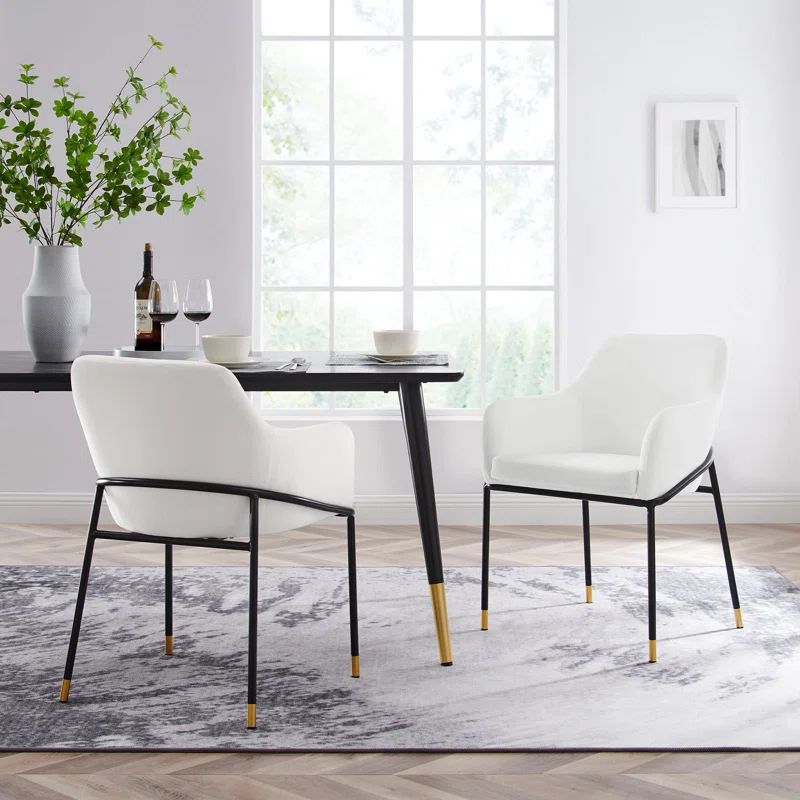 White Velvet Upholstered Arm Chair with Metal Legs