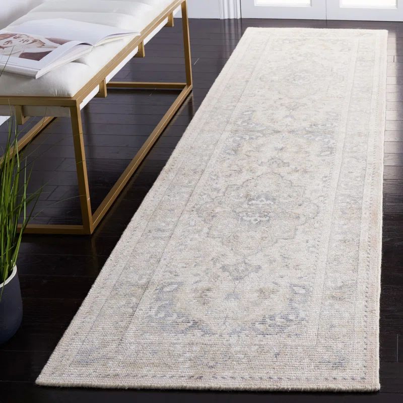Ivory and Gray Handmade Wool and Silk Runner Rug
