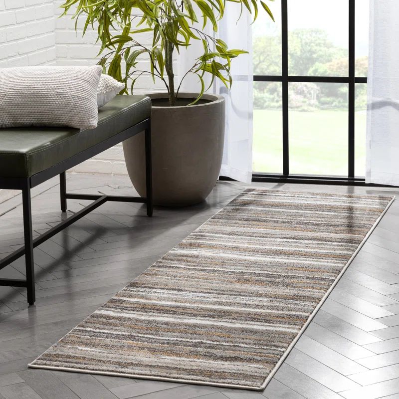 Gray Geometric Striped Polyester Runner Rug