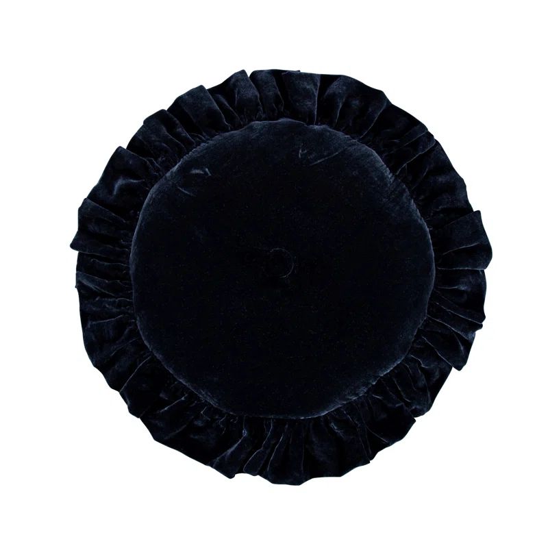 Midnight Blue Velvet Ruffled Round Throw Pillow