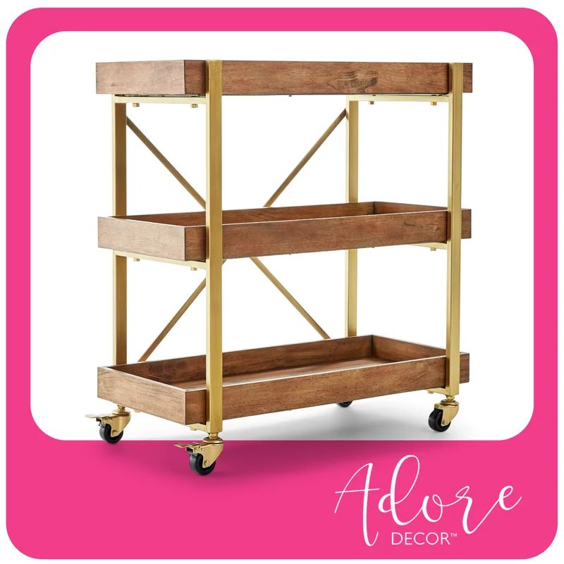 Riley Gold-Brown Wooden 3-Tier Rolling Bar Cart with Metallic Accents