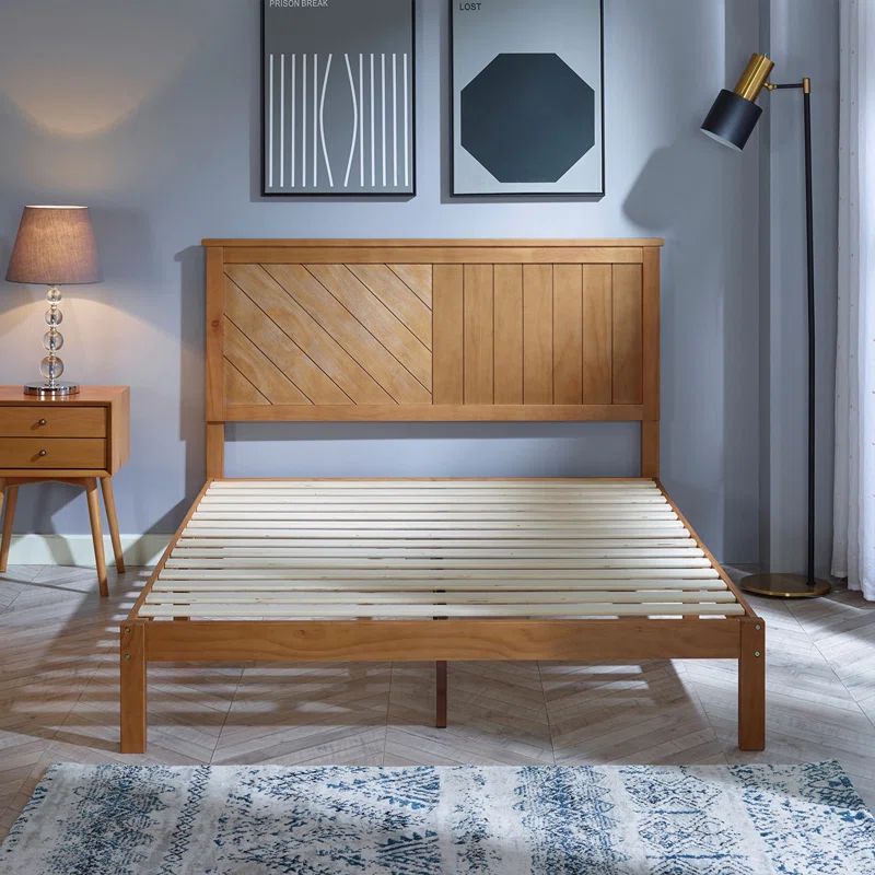 Rustic Pine Finish Full Platform Bed with Headboard and Storage Drawer