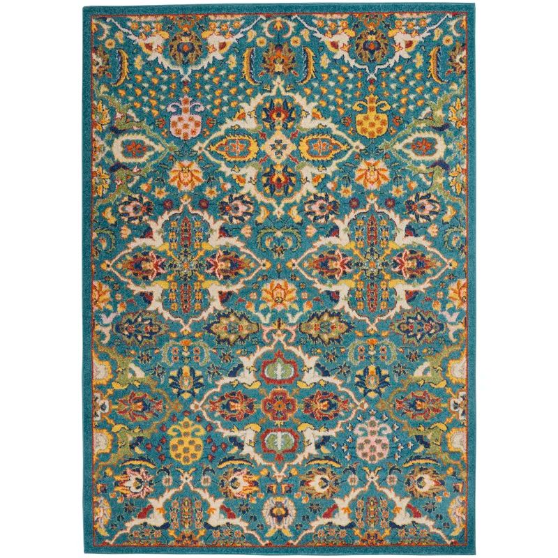 Turquoise Ivory Floral Easy-Care Synthetic 6' x 9' Area Rug