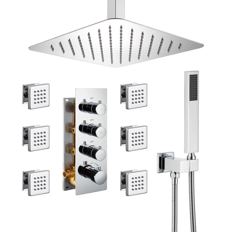 Chrome Ceiling Mounted Rain Shower System with Handheld and Body Jets