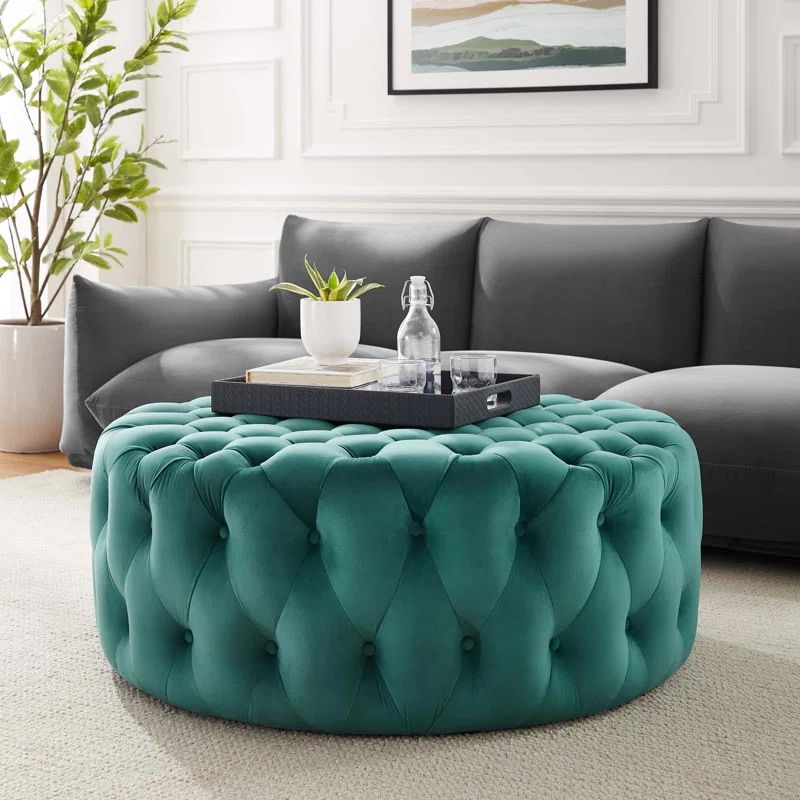 Teal Velvet Tufted Round Ottoman with Button Accents