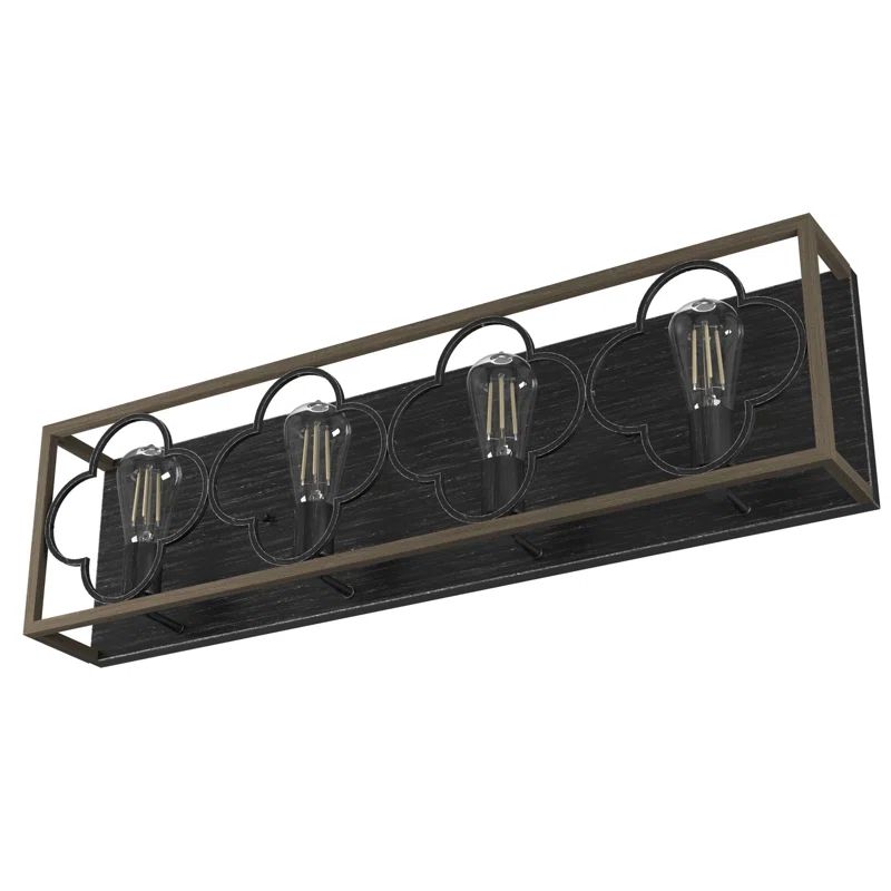 French Oak and Black Iron 4-Light Vanity Fixture