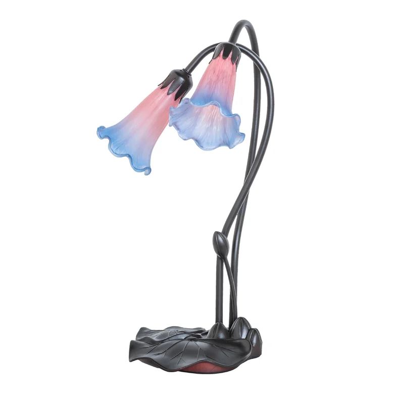 Indigo Blue and Pink Lily 2-Light Stained Glass Accent Lamp