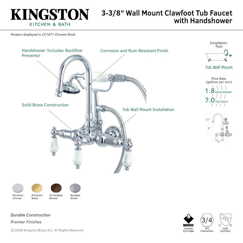 Polished Chrome Vintage Wall Mount Clawfoot Tub Faucet with Hand Shower