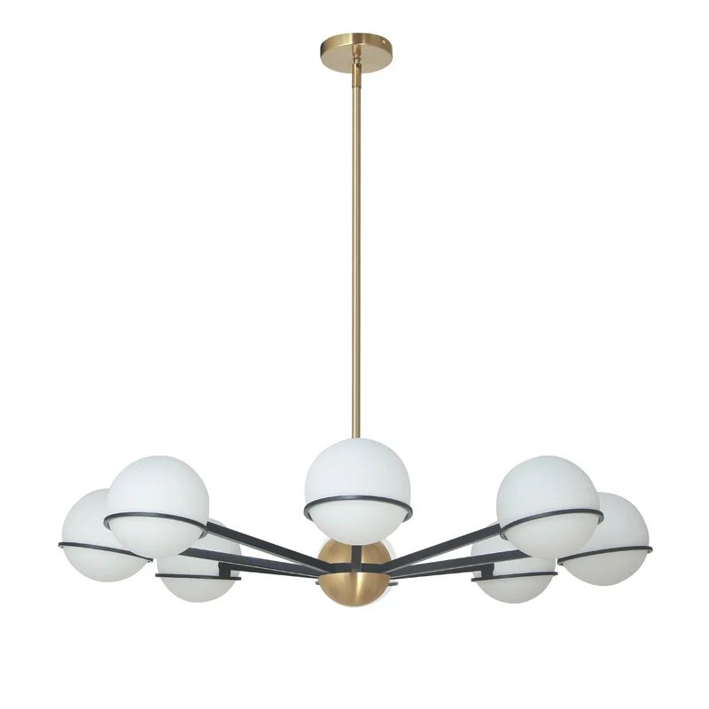 Sofia Modern 38" Matte Black & Aged Brass Chandelier with White Opal Glass