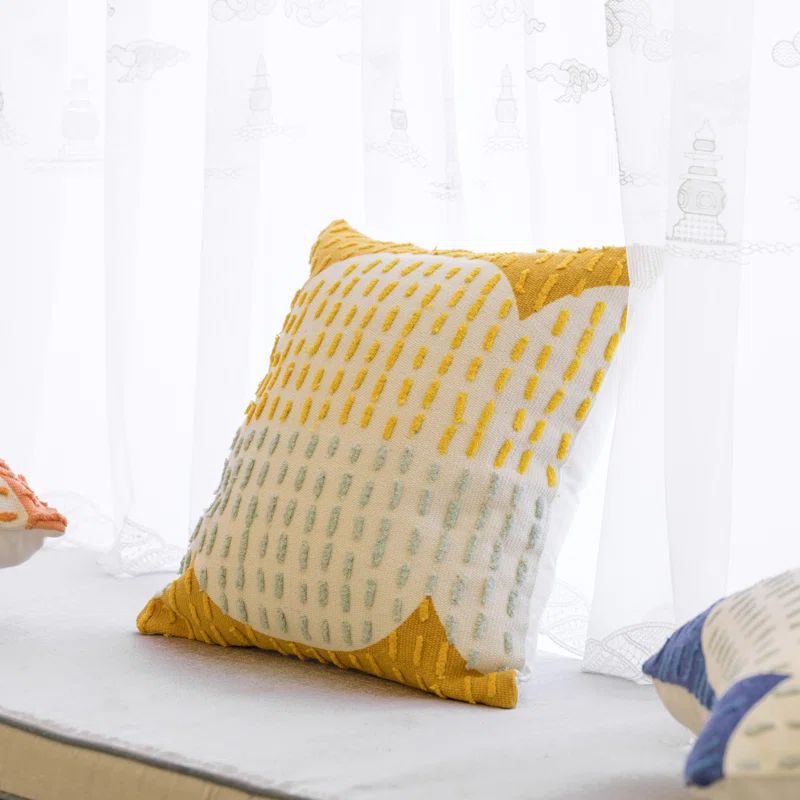 16" Mustard Handwoven Cotton Throw Pillow Cover with Ribbed Dots
