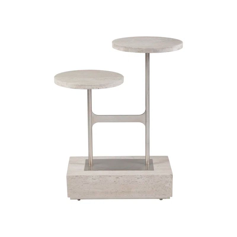 Transitional Beige Stone and Metal Round Spot Table, 22"