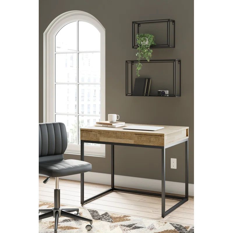 36" Industrial Chic Lift-Top Home Office Desk in Light Brown & Black