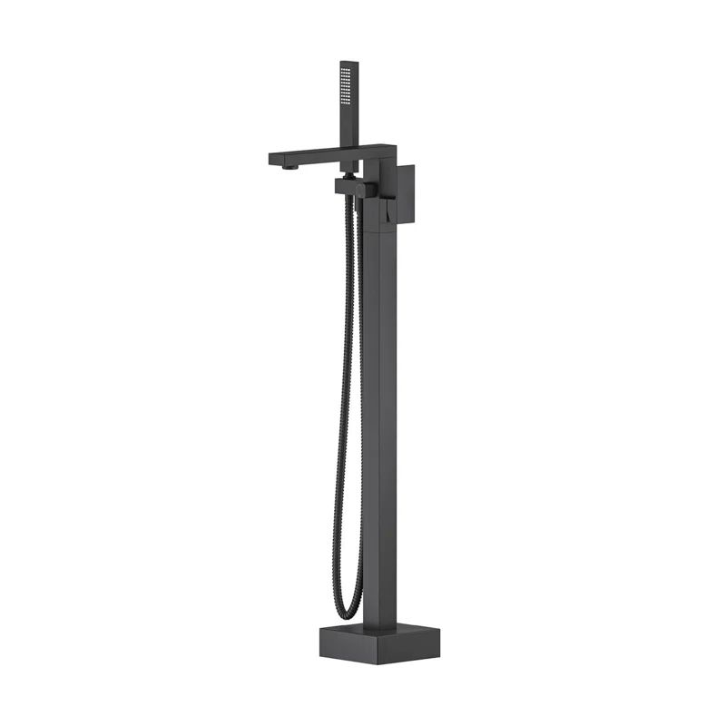 Matte Black Brass Floor Mount Tub Filler with Hand Shower