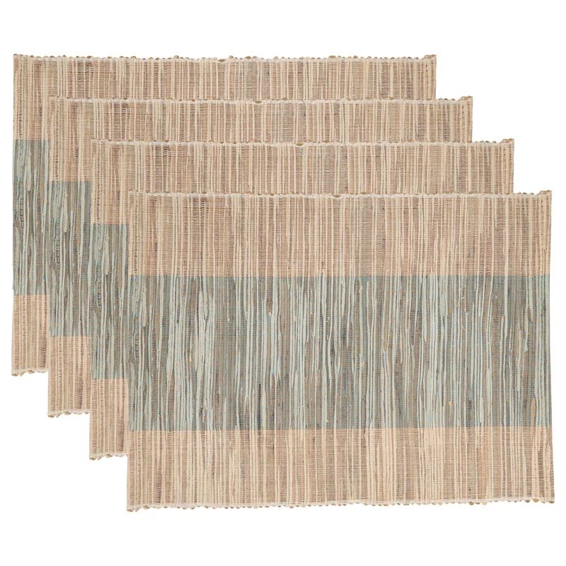 Turquoise and Beige Shimmering Banded Fabric Placemats Set of 4
