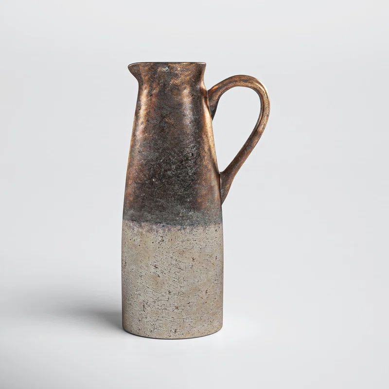 Sienna Brown Terracotta Pitcher with Metallic Accents, 14.4" High