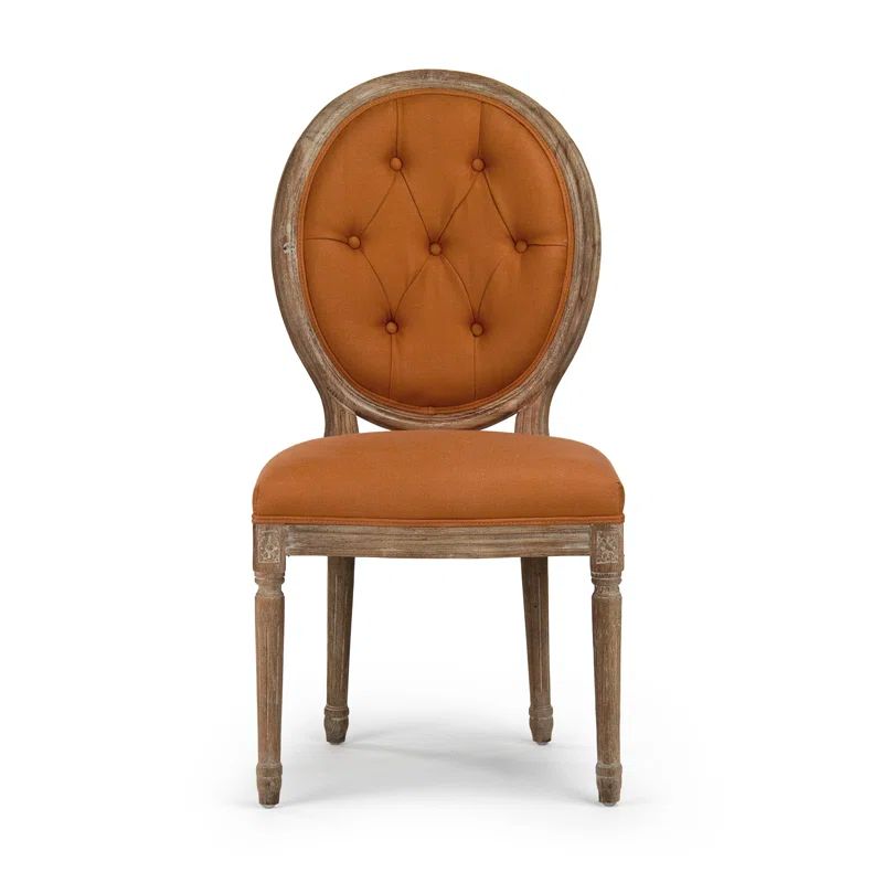 Limed Gray Oak Wood Orange Linen Tufted Medallion Side Chair