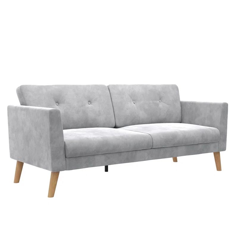 Elegant Gray Velvet Tufted Sofa with Sleek Wood Legs