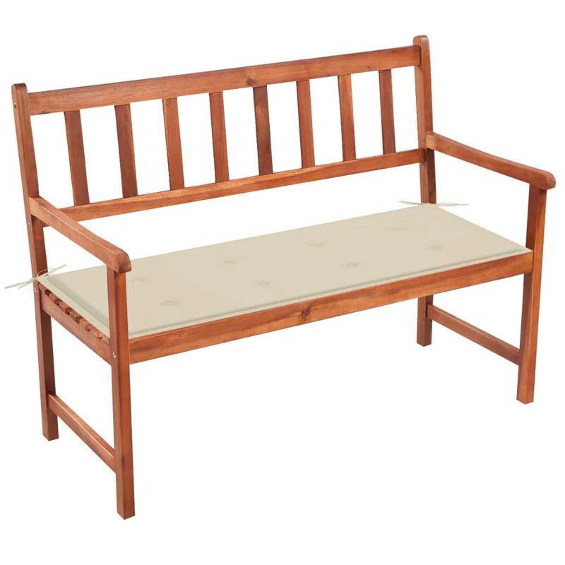 Rustic Acacia Wood Outdoor Patio Bench with Cream Cushion