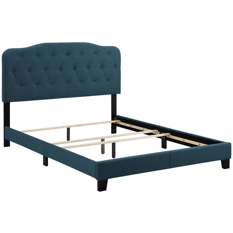 Amelia Azure Blue Queen Upholstered Platform Bed with Tufted Headboard