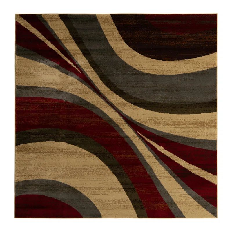 Square Beige and Red Abstract Synthetic Indoor Rug