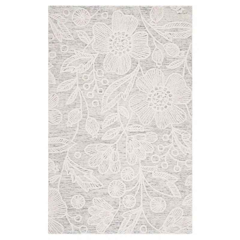 Grey and Ivory Floral Handmade Wool Area Rug 4' x 6'