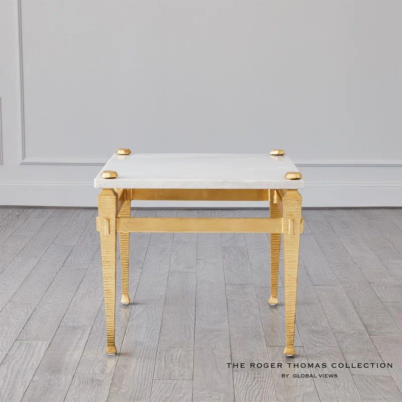 Luxurious Roman-Inspired Gold Leaf & White Marble Square End Table