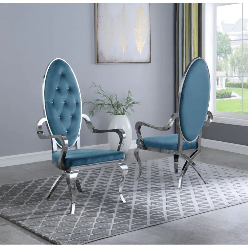 Elegant Teal Blue Velvet Round Arm Side Chair with Silver Stainless Steel Frame