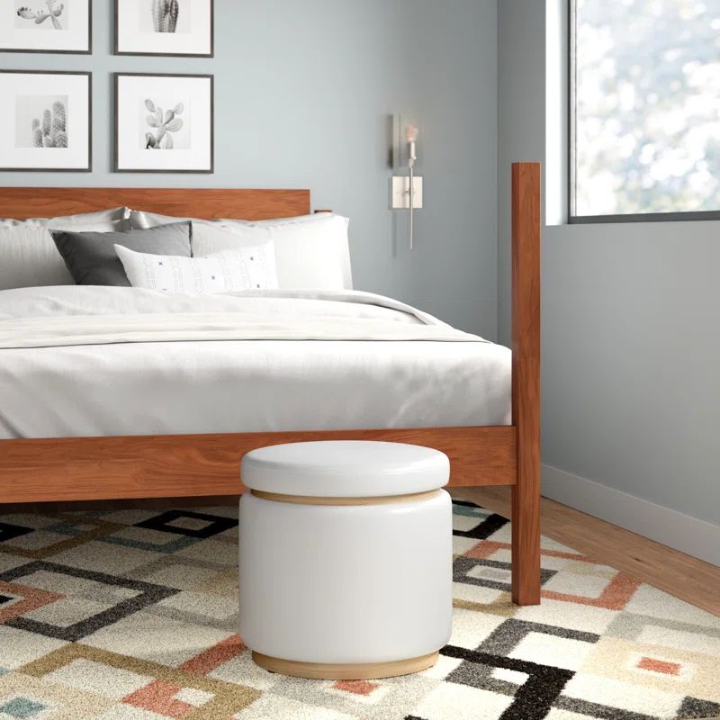 Boho Blanche Round Storage Ottoman in White Faux Leather