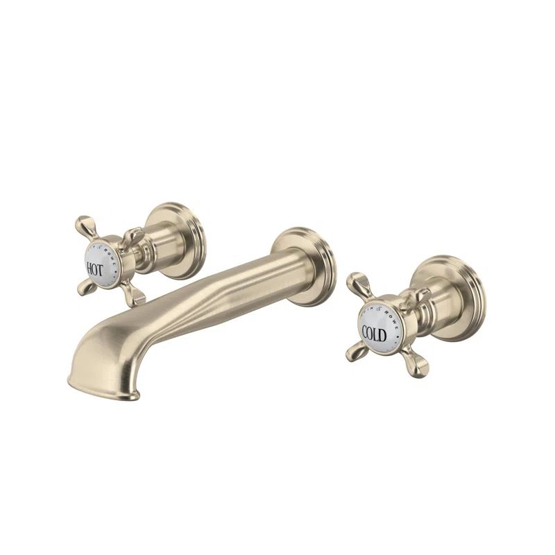 Edwardian Classic Unlacquered Brass Wall-Mounted Widespread Faucet