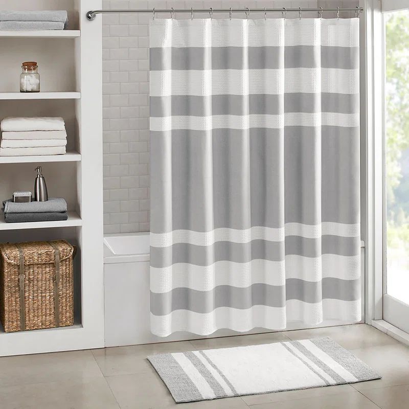 Gray and White Striped Spa Waffle Shower Curtain with 3M Treatment