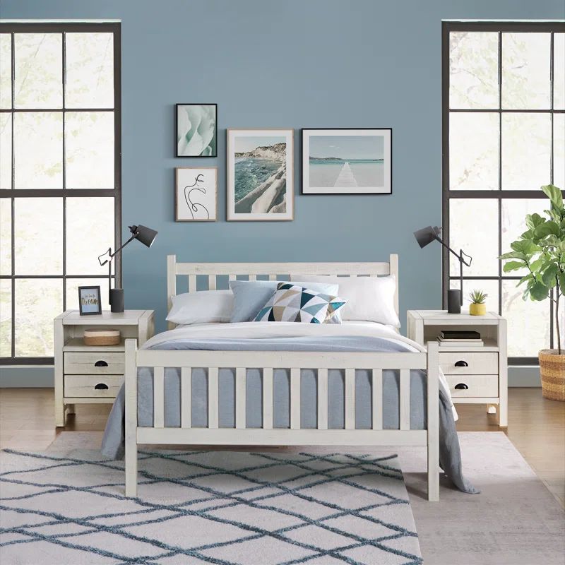 Alaterre Furniture Windsor 3-Piece Bedroom Set with Slat Full Bed and 2 Nightstands, Driftwood White