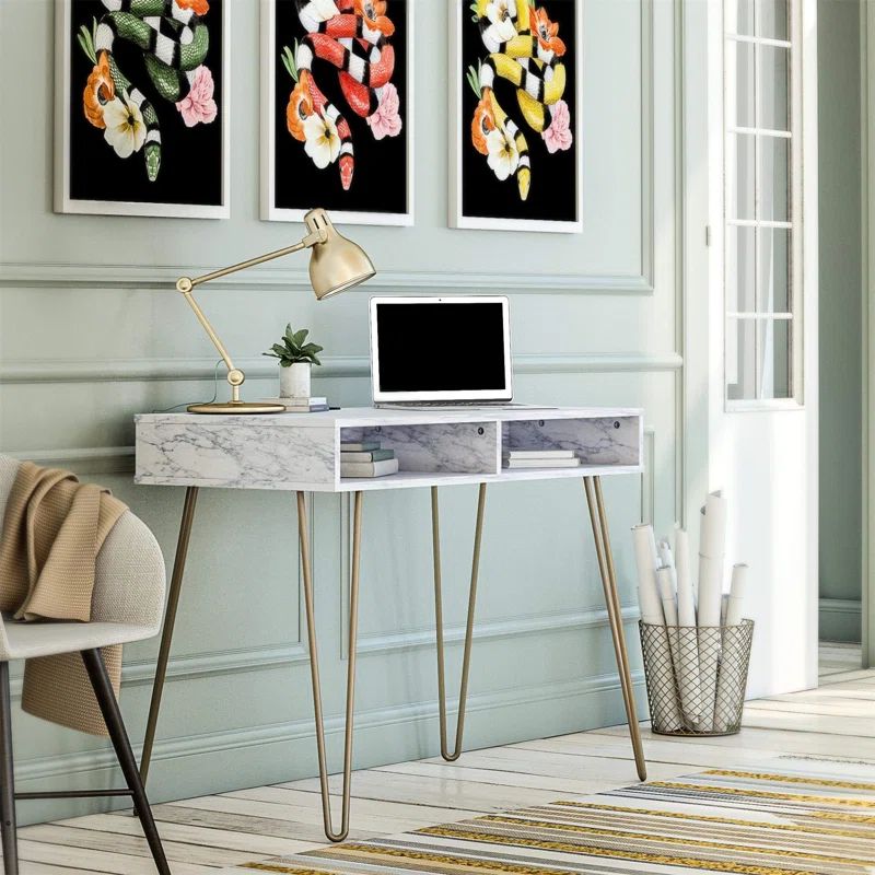 Elegant White Marble 44" Computer Desk with Hairpin Legs