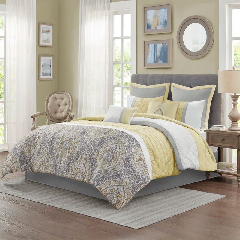 King Yellow and Gray Microfiber 8-Piece Comforter Set