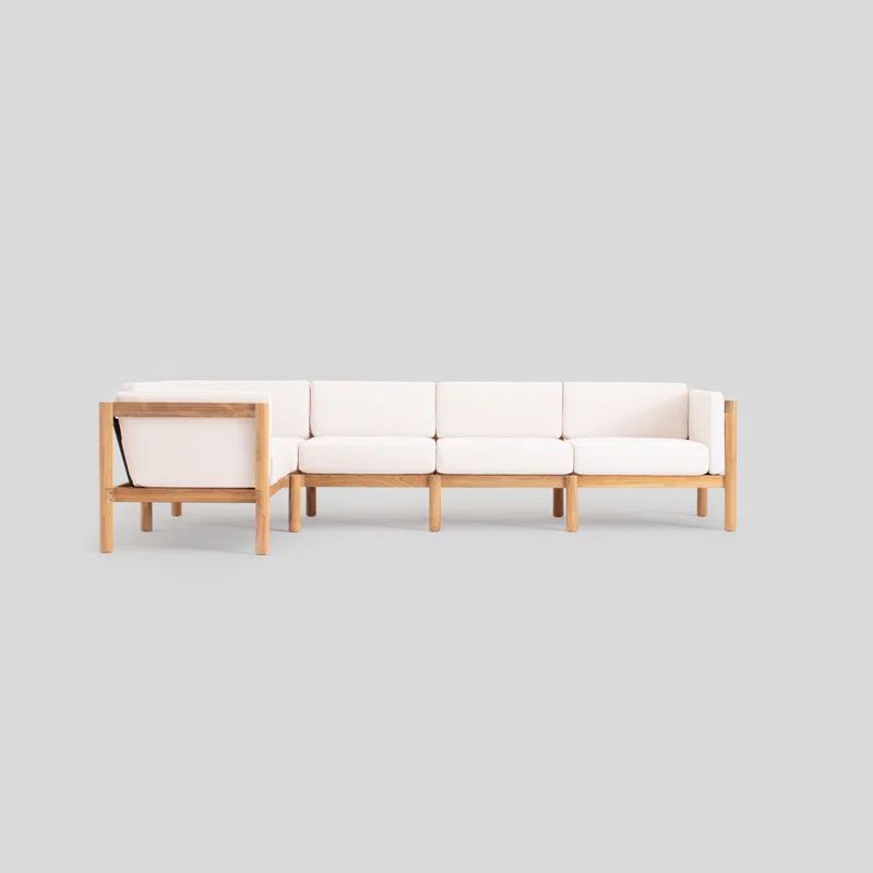 Five Piece Teak and Canvas Outdoor Sectional with Cushion Arms