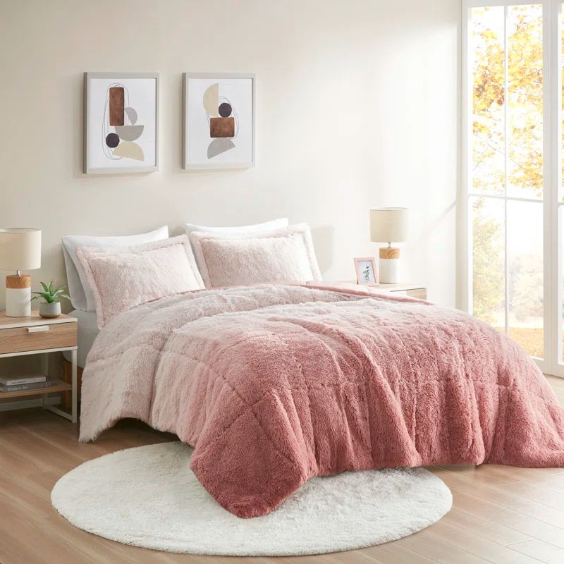 Blush Ombre Twin Shaggy Faux Fur Comforter Set