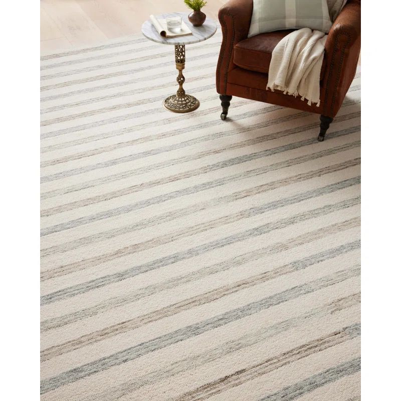 Ivory Stripe High Pile Hand-Tufted Wool Area Rug