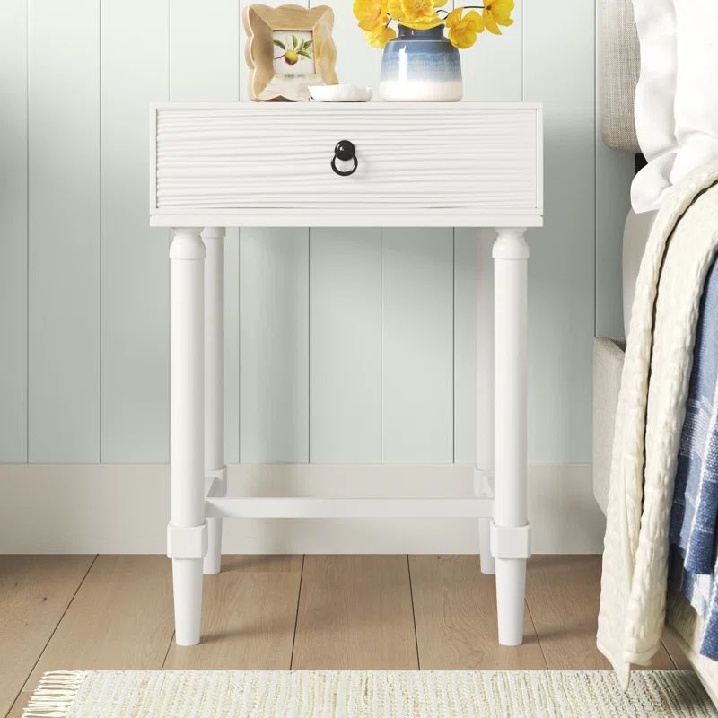 Elegant White Wood Accent Table with Carved Details and Storage Drawer