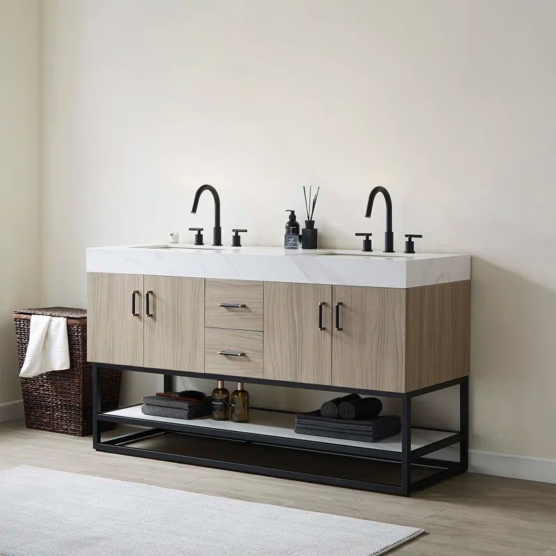 Toledo 60'' Light Walnut Double Freestanding Bathroom Vanity with White Sintered Stone Top