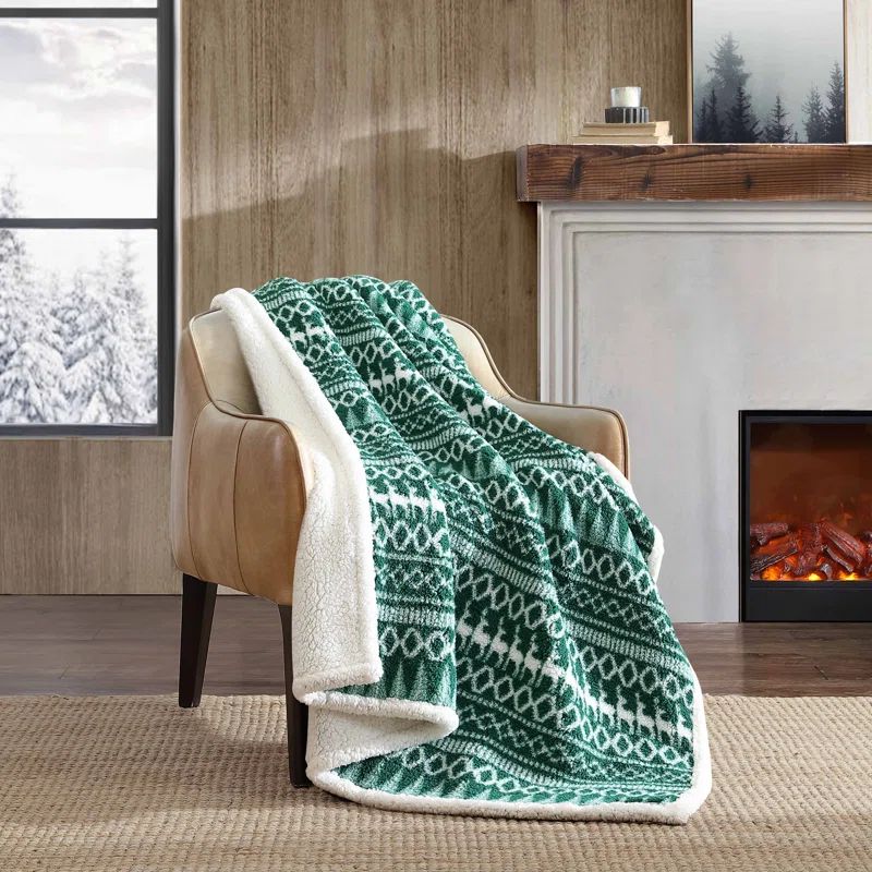 Green and White Reversible Sherpa Fleece Throw Blanket