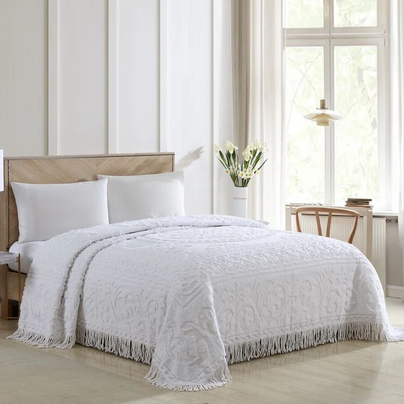 White Full Cotton Medallion Chenille Bedspread