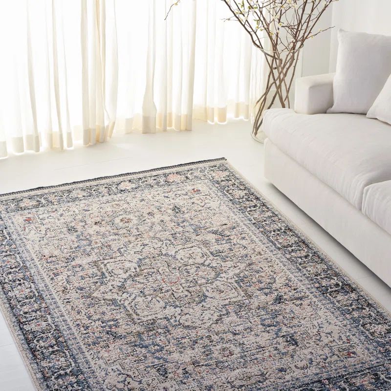 Ivory and Navy Hand-knotted Wool Rectangular Area Rug