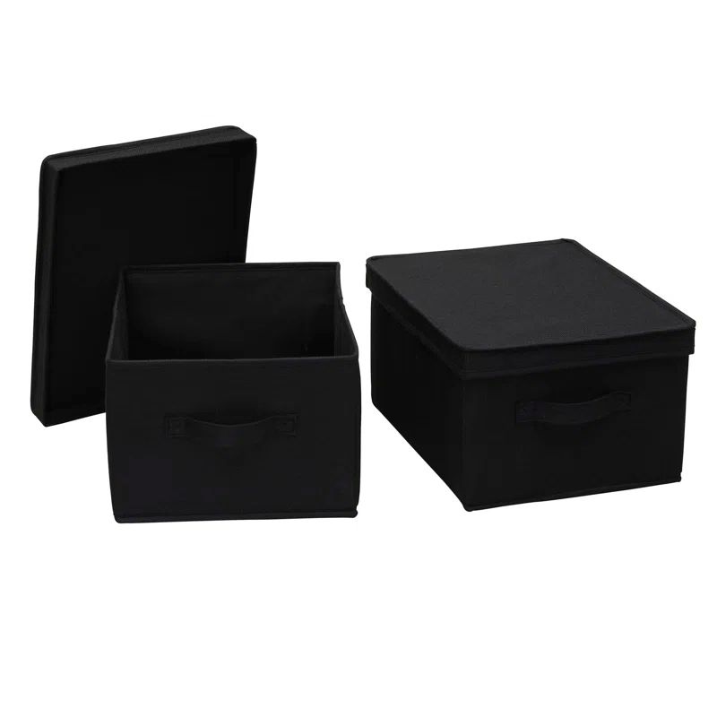 Medium Black Fabric Storage Bins with Lids, Set of 2