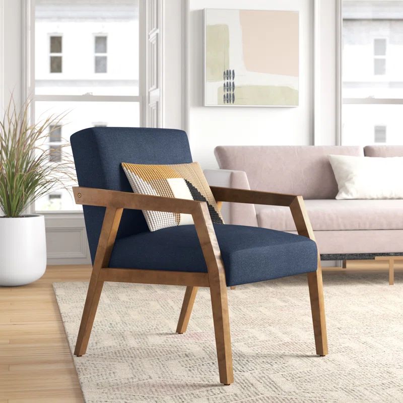 Navy and Brown Wood Upholstered Armchair