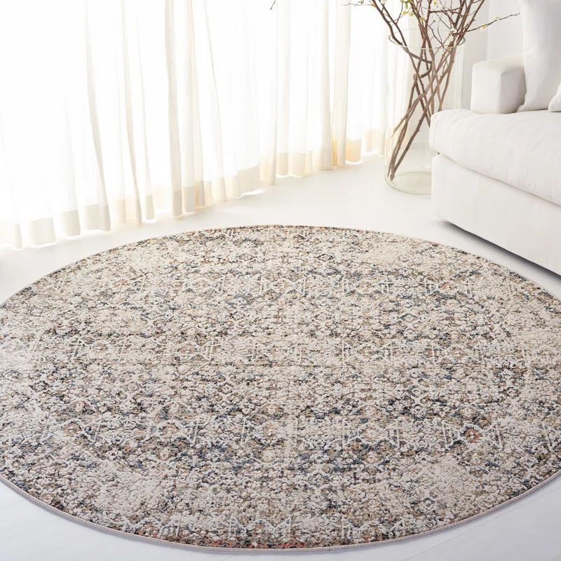 Elegant Ivory & Navy Round Synthetic Area Rug, Hand-Knotted